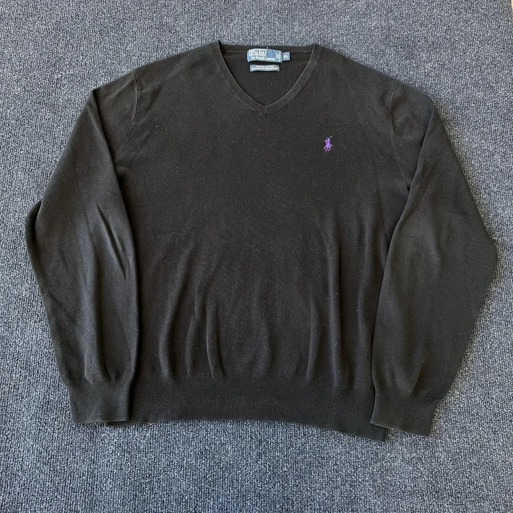 Polo Ralph Lauren Sweater Mens XL‎ Black V Neck Pima Cotton Purple Pony Logo